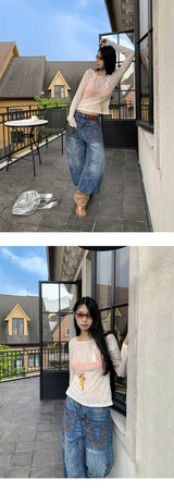 Pocket Embroidery Straight Long Denim Pants