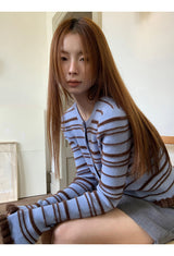 Blue stripe frill long-sleeved cardigan