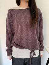 カラン オフショルダー ストラップ ストライプ ロングスリーブ Tシャツ