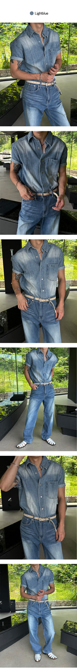 [MUSCLE FIT] Slit snap button denim shirts (3color)
