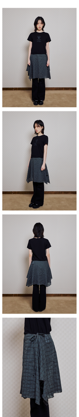 GRAY DOT&CHECK LAYERED WRAP MIDI SKIRT