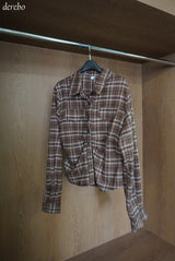 wool cotton shirring checkered long-sleeved shirt