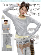 BETWEENAND「Glimmering Waves」Winter holiday set of two long-sleeved, soft, breathable top shirts with polka dot design and a form-fitting fit