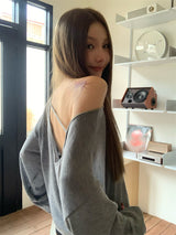 Boxy loose fit unbalanced shoulder long-sleeve T-shirt