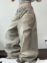 BEIGE KNEE PINTUCK PARACHUTE WIDE DENIM PANTS 🪐🧸🤎🩶