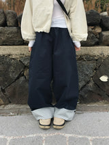 Checky Button Roll-up Wide Pants (2c)