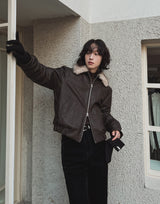 [premium] Frame Raccoon Collar Leather Jacket