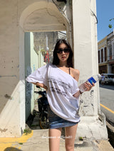 Barcode unbuttoned shoulder loose fit tee