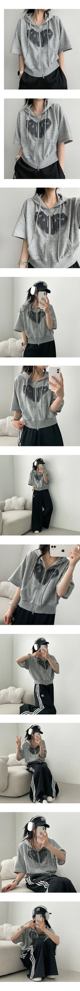 Reddit two-way crop short-sleeved hooded zip-up
