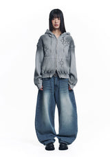 Stripe Lettering Denim Pants - Medium Blue