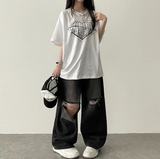 Andy Knee Damage Cutting Deep Washed Denim Wide Pants
