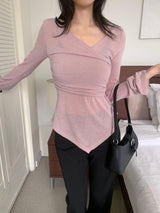 ベールラップシャーリングアシンメトリック長袖Tシャツ