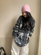 Bow Wide Hooded Knitwear Zip-Up Cardigan