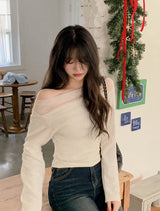 ドレープシースルーオフショルダーTシャツ(3color)