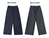タックオン バックボタンワイドフィットセルビッチデニムロングパンツ (2 colors)
