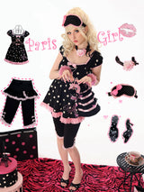 Paris girl Shining Paris Girl Eiffel Tower Print Rhinestone Pink and Black Color-Blocked Polka Dot Puff Sleeve Top and Dress