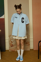 ネイビーCパッチライトブルーデニムショートスリーブシャツ [Unisex]