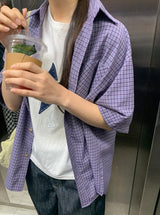 [unisex] ナユヒパープル半袖チェックシャツ