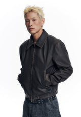 Washed Leather Crop Jacket - Brown