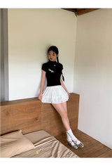 ハーフタートルネックブラックリボンショートスリーブtシャツ