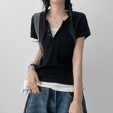 V button halterneck layered short-sleeved shirt (4 colors)