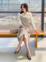 Sene color matching shirring drape shirt long one piece