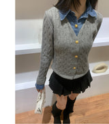 Perry Denim-Layer Cable Knit Long Sleeve Cardigan