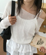 アノックボートネックバックルロングスリーブクロッピードルーズフィットニット3 カラーズ