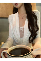 White Smudge Lace Shirring Long Sleeve T-shirt