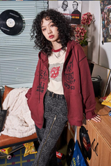 レトロプリンティドジッパーフーディドスウェットシャツ