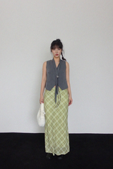 MELON CHECK RIBBON LONG SKIRT