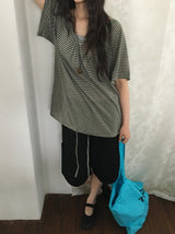 ソハUネックボーダーストラップ半袖Tシャツ