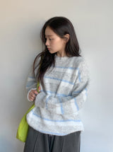 ラベッツ ヘアリーストライプ ウール ラウンドニット