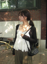 Mealing Frill Button Lace Flared Sleeveless Blouse