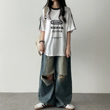 Andy Knee Damage Cutting Deep Washed Denim Wide Pants