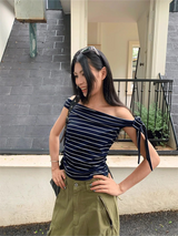 Unbalanced Color Off-Shoulder Strap Stripe Tee