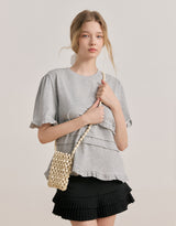 Pleated linen tweed low-rise skirt Black