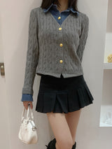 Perry Denim-Layer Cable Knit Long Sleeve Cardigan