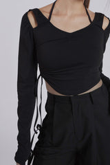HALTER NECK SHIRRING TOP(BLACK)