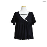 (2color)レースチェックレイヤードネックシャーリングバルーンTシャツ