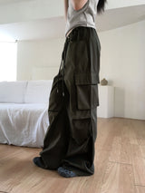 Denti button pintuck shirring long wide cargo pants