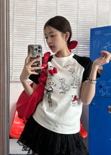 スイートパピーリボンプリントクロップドTシャツ
