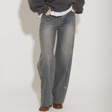 STUDS BRUSHED LINING STRAIGHT LEG JEANS [BLUE]