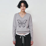 BUTTERFLY V NECK JACQUARD KNIT_SKY BLUE