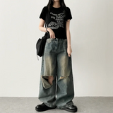 Andy Knee Damage Cutting Deep Washed Denim Wide Pants