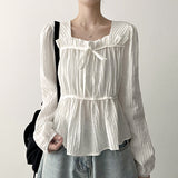 Lynx Ribbon Square Neck Shirring Blouse