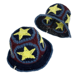 Cotton Linen Raffia Crochet Bucket Hat with Brim and 5 Granny Square Star Patches