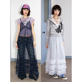 Checked embroidered semi-sheer mesh dress