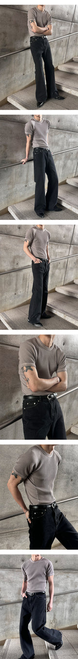 [MUSCLE FIT] Pigment mesh golgi half knit t-shirts(4color)