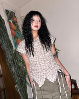 (2color) Ruffle Shirring Check Cap Blouse